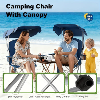 Portable Folding Camping Chair with Canopy Sun Shade 600D Oxford Fabric Outdoor Chair for Camping Beach Picnic Fishing Sports Lightweight Foldable Seat