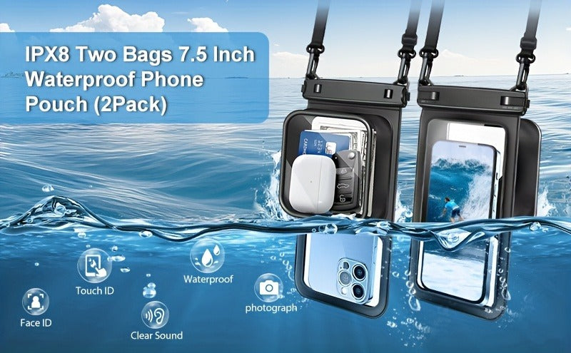 Waterproof Phone Pouch 2-Pack Double Layer Black & Cyan – PVC Dry Bag for Swimming, Rafting & Water Sports, Fits Up to 7.5", Dual Compartment with Adjustable Lanyard & Double Hook for Kayaking, Beach & Camping