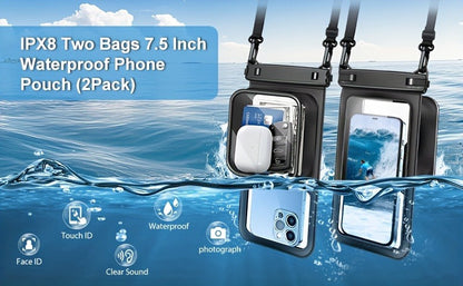 Waterproof Phone Pouch 2-Pack Double Layer Black & Cyan – PVC Dry Bag for Swimming, Rafting & Water Sports, Fits Up to 7.5", Dual Compartment with Adjustable Lanyard & Double Hook for Kayaking, Beach & Camping