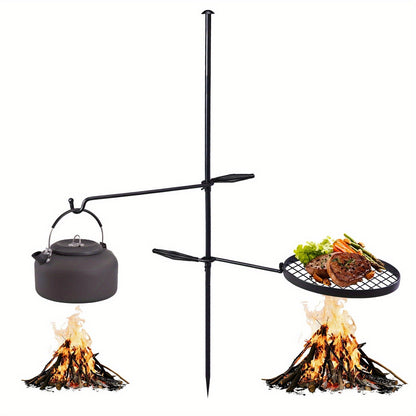 Campfire Grill Grate with Hanging Pole – Height Adjustable, 360° Rotation, 48" Thick Steel Pole, Swivel Grate Ring for Kettle, Dutch Oven & Pan – Portable Open Fire Cooking Grill for Camping & Outdoor