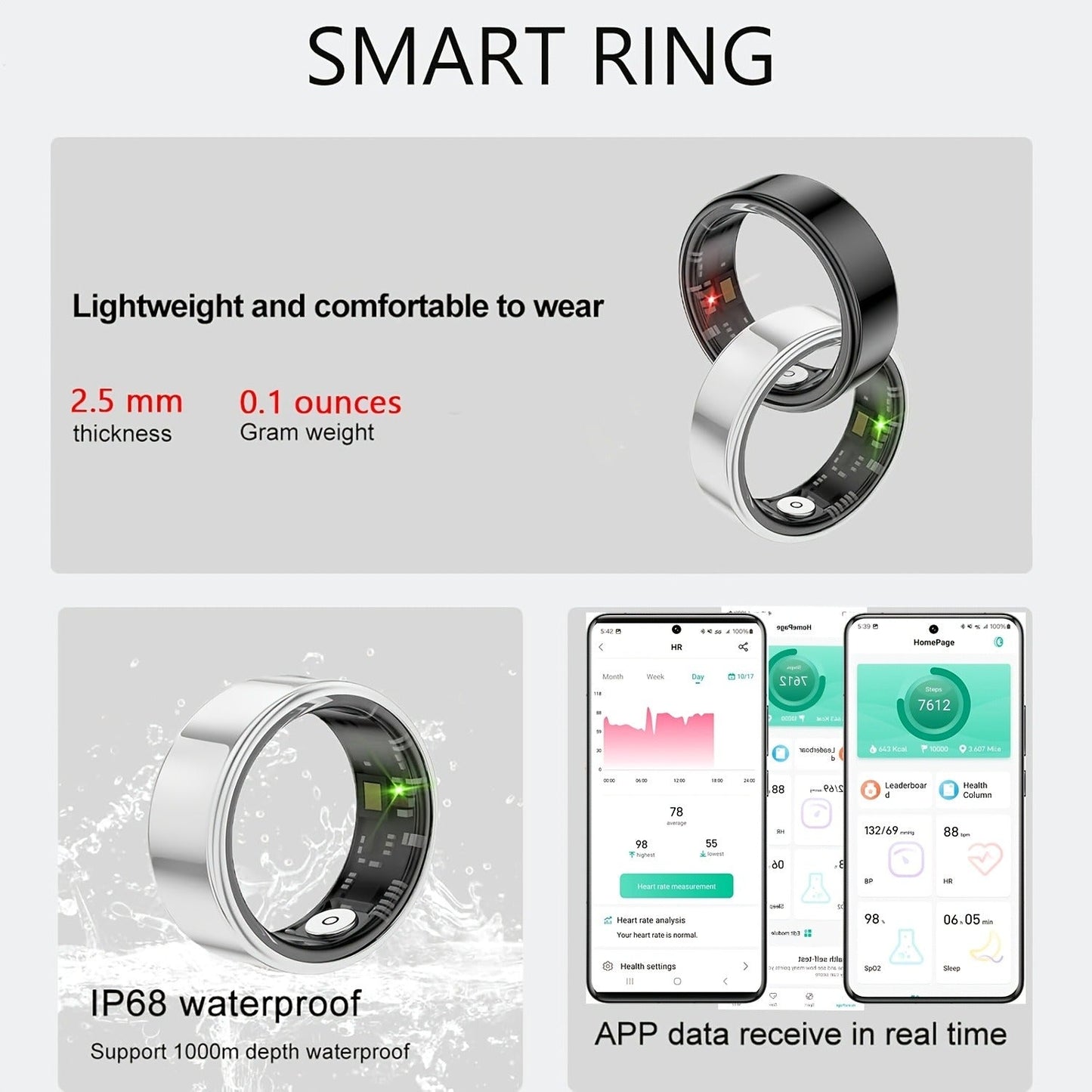 Smart Health Ring IP68 Fitness Tracker for Women Men