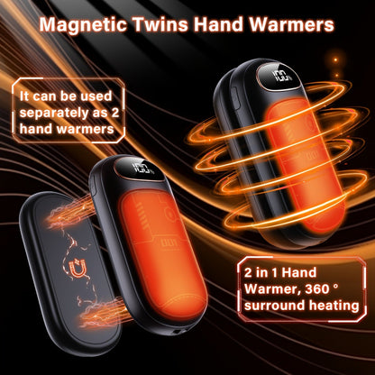 Rechargeable Hand Warmers 2-Pack – 2-in-1 Electric Hand Warmer & Power Bank with LED Display, Heats Up to 131°F, USB-C Fast Charge, Long-Lasting Heat for Golf, Hunting, Camping, Raynaud's, Men Women Kids