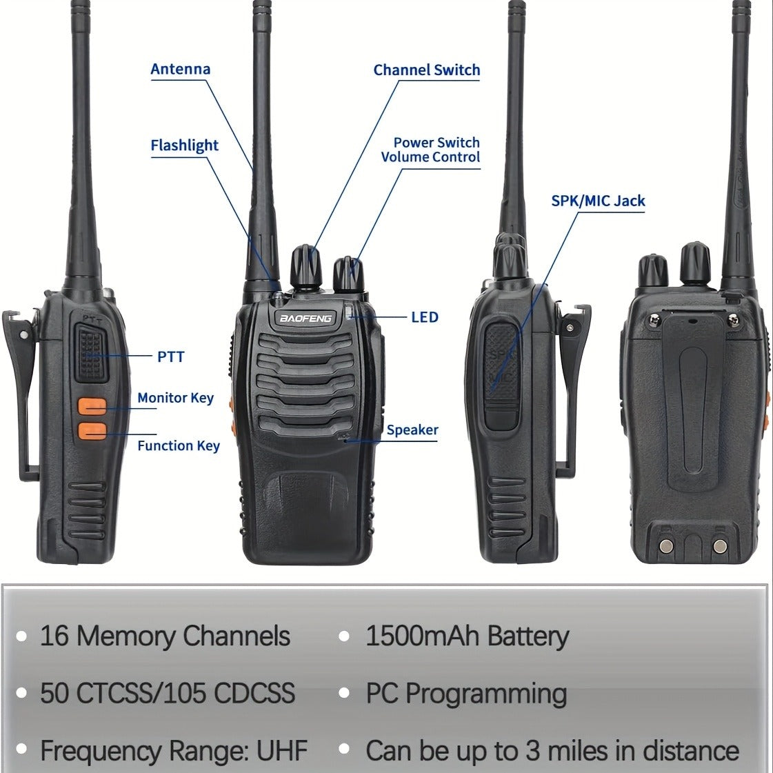 Baofeng BF-888S Walkie Talkies 16 Channel UHF Long Range Two Way Radio Rechargeable with Earphones for Camping Hiking Hunting Outdoor
