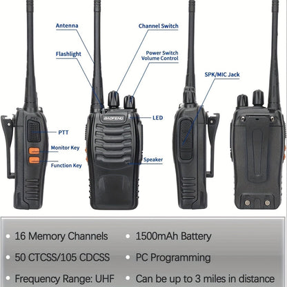 Baofeng BF-888S Walkie Talkies 16 Channel UHF Long Range Two Way Radio Rechargeable with Earphones for Camping Hiking Hunting Outdoor