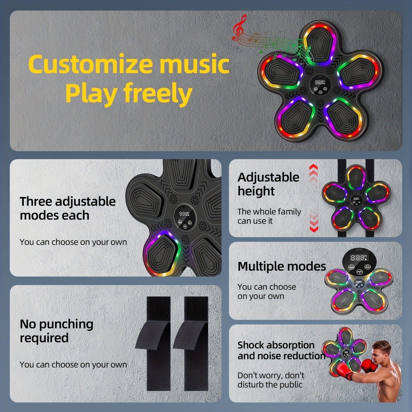 Wall-Mounted Music Boxing Machine – Smart LED Rhythm Trainer with Boxing Gloves, Touch Screen & Surround Sound for Home & Gym