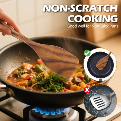 Wooden Cooking Utensils Set 6 Piece – Teak Wood Non-Stick Kitchen Tools with Comfortable Grip | Sturdy, Lightweight & Heat-Resistant Utensils for Indoor & Outdoor Cooking