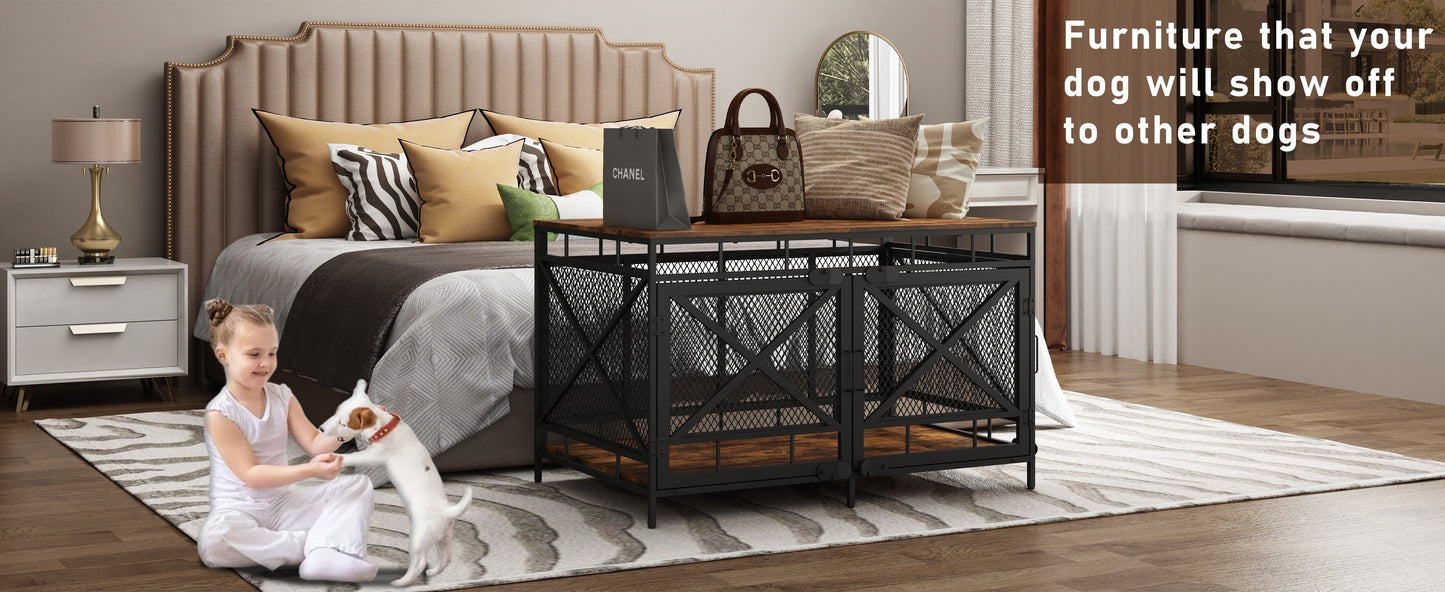 Dog Crate Furniture 43 Inch Corner Indoor Kennel, Heavy Duty Engineered Wood Dog Cage with Side Door for Large Medium Breeds, Vintage Style Pet Crate End Table