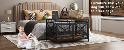 Dog Crate Furniture 43 Inch Corner Indoor Kennel, Heavy Duty Engineered Wood Dog Cage with Side Door for Large Medium Breeds, Vintage Style Pet Crate End Table