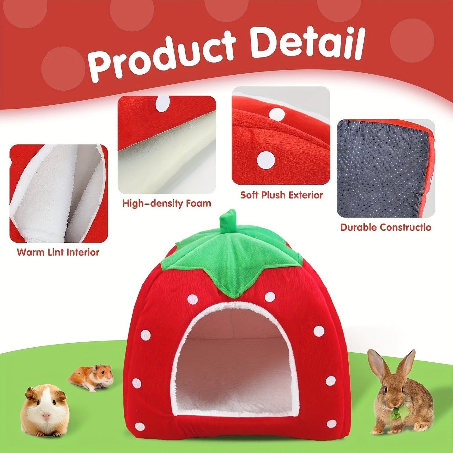 Small Animal Hideaway Bed 2pcs – Strawberry Plush Hideout for Guinea Pigs, Hamsters & Rabbits, Semi-Enclosed Warm Nest with Leaf Design, Washable, Multiple Color Options