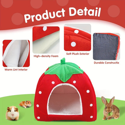 Small Animal Hideaway Bed 2pcs – Strawberry Plush Hideout for Guinea Pigs, Hamsters & Rabbits, Semi-Enclosed Warm Nest with Leaf Design, Washable, Multiple Color Options