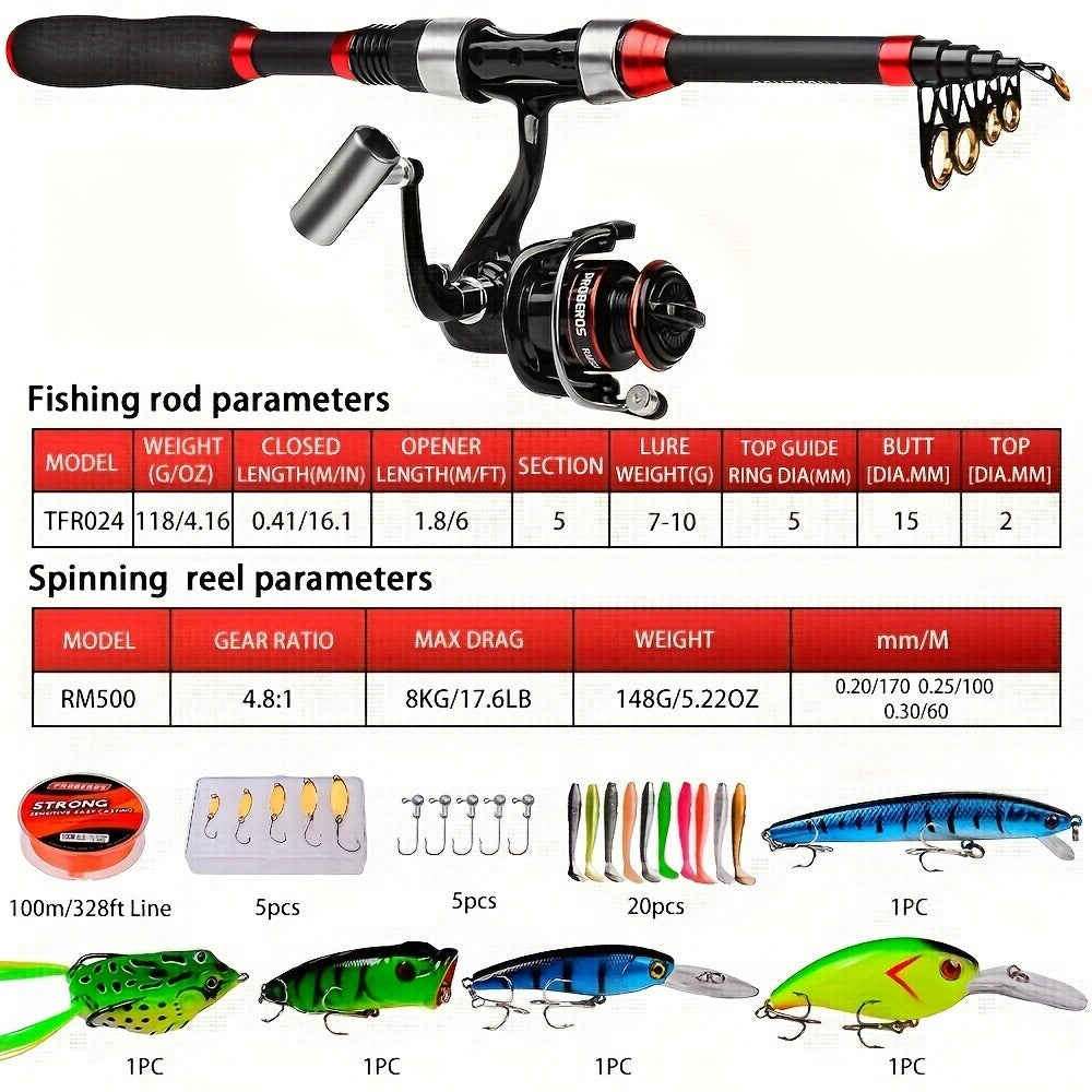 Carbon Fiber Fishing Rod & Spinning Reel Combo – Ultralight Fast Action Rod with Long Cast Spinning Wheel, Complete Sea Fishing Tackle Set for Saltwater & Freshwater, Available in Red & Grey
