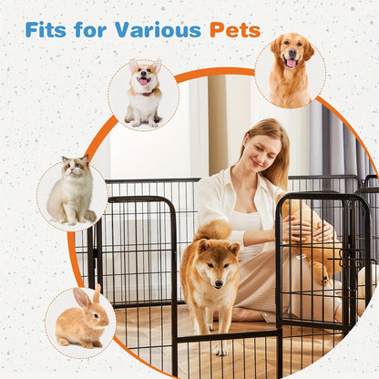 Metal Dog Playpen with Door DIY 8 or 16 Panel Foldable Pet Pen for Small Medium Large Dogs Puppies Easy Assemble Indoor Outdoor Use 24 32 40 Inch Height