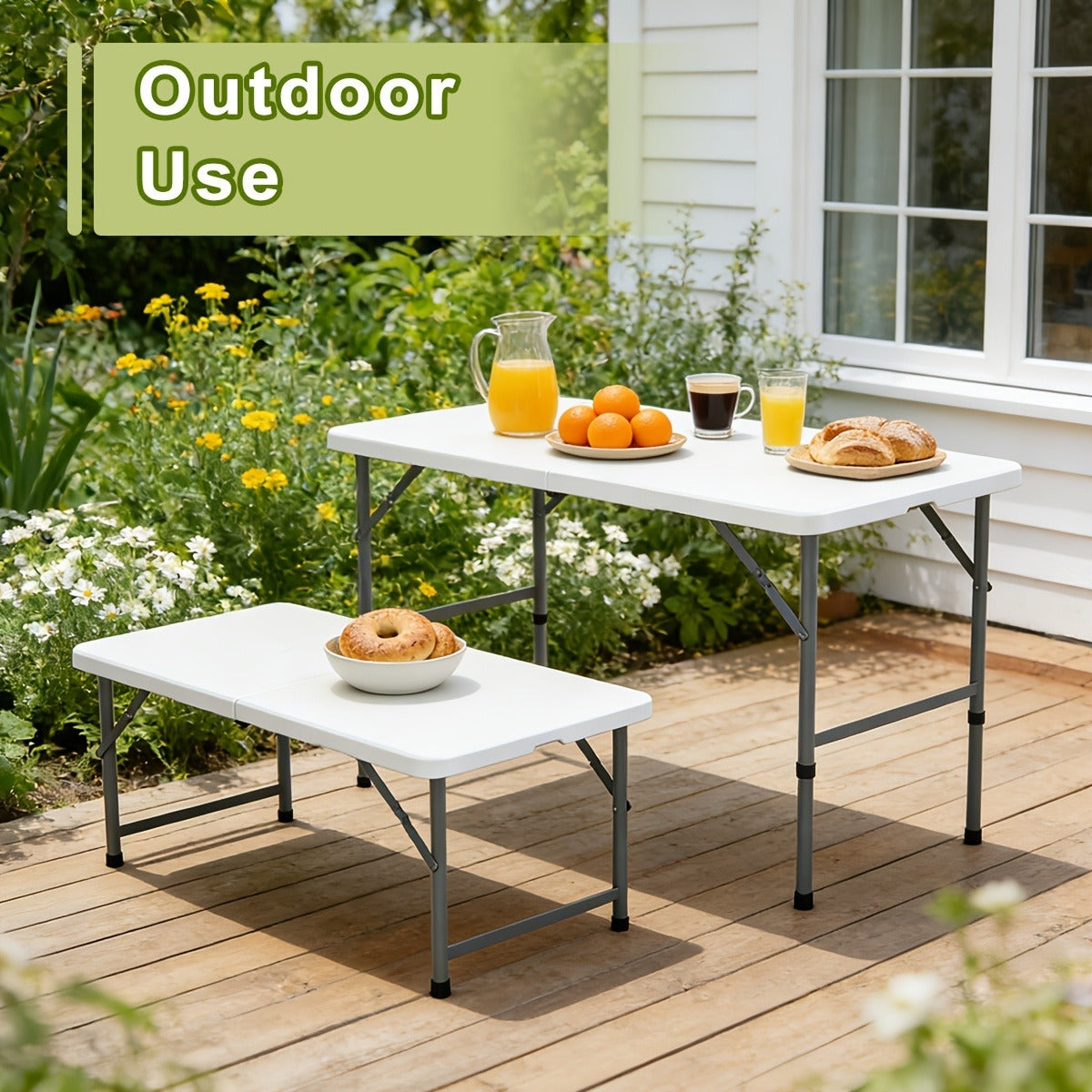 Folding Picnic Table Portable Plastic Camping Table Indoor Outdoor with Carrying Handle Lock 4FT 6FT Lightweight Fold Up Dining Table for Camping Backyard BBQ Party Beach White
