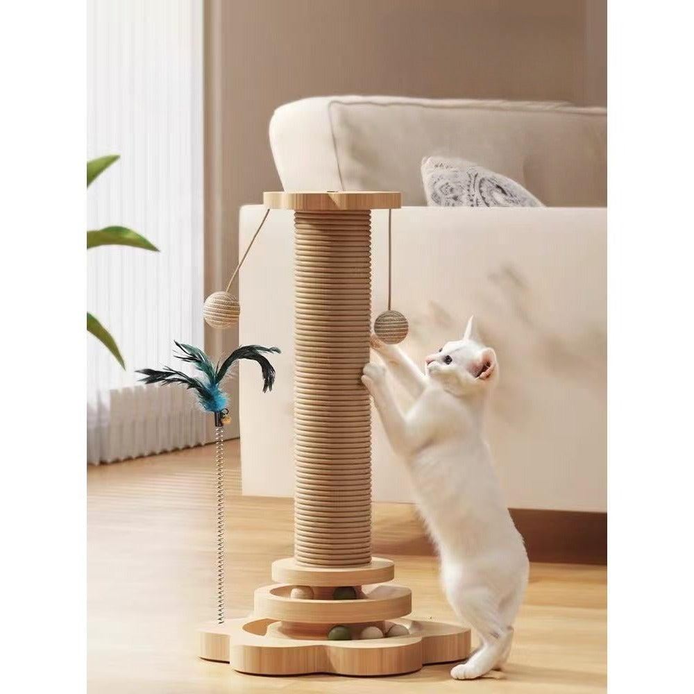 Sisal Cat Scratching Post with Hanging Ball & Turntable Interactive Toy 18.1 Inch - Sturdy Non-Slip Base Suction Cup Bottom for Kittens & Adult Cats, Furniture Protector Scratcher