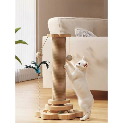 Sisal Cat Scratching Post with Hanging Ball & Turntable Interactive Toy 18.1 Inch - Sturdy Non-Slip Base Suction Cup Bottom for Kittens & Adult Cats, Furniture Protector Scratcher
