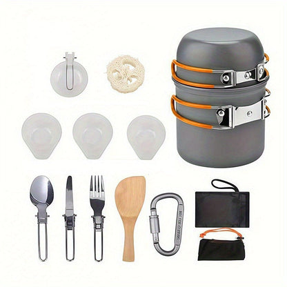 Stainless Steel Camping Cookware Set Portable Outdoor Cooking Pot with Foldable Storage Knives Forks Lightweight Compact for Backpacking Hiking Picnic Travel Orange Green Gift Ready