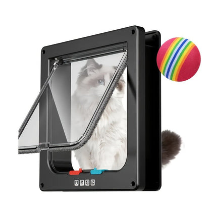 Cat Door & Dog Door with 4-Way Safety Lock – Weatherproof Flip Pet Door for Cats & Dogs, M/L/XL Sizes in White, Black & Coffee, Bonus Rainbow Ball Toy Included