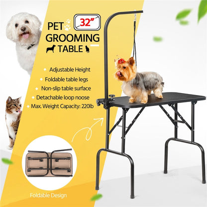 Pet Grooming Table Foldable with Height Adjustable Arm – Non-Slip Waterproof Surface, Folding Legs, Sturdy Metal Frame, Professional Dog Cat Beauty Trimming Table for Home & Salon