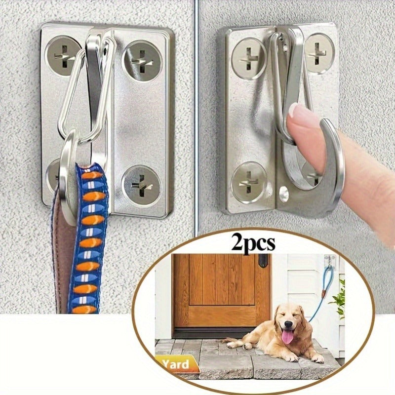 Heavy Duty Dog Tie Out Wall Hooks Set of 2 - Metal Wall-Mounted Leash Anchor with Dual Switchable Hooks, Scratch-Resistant for Walls & Floors, Sturdy Indoor & Outdoor Dog Leash Hook, Grey