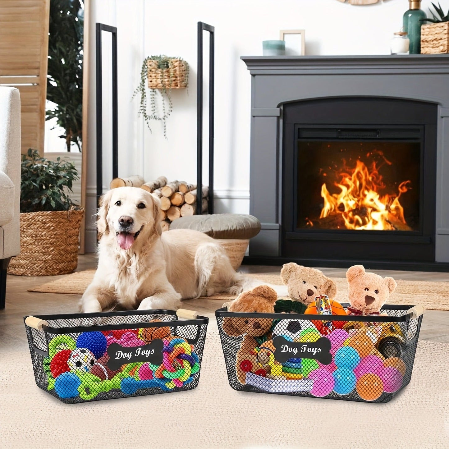 Metal Dog Toy Storage Basket Set with Wooden Handles – 2-Pack Mesh Wire Organizer Bin for Dog Toys, Collars, Blankets & Accessories