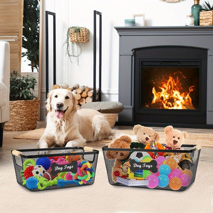 Metal Dog Toy Storage Basket Set with Wooden Handles – 2-Pack Mesh Wire Organizer Bin for Dog Toys, Collars, Blankets & Accessories