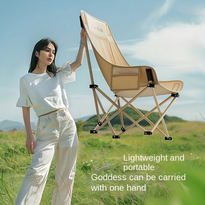 Portable Folding Moon Chair High Back 2pcs – Durable Iron Alloy Frame, Lightweight Foldable Camping Chair for Outdoor Leisure, Fishing, Beach & Backyard – Khaki or Black