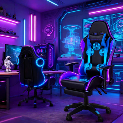 Gaming Chair with Massage and Bluetooth Speaker – RGB LED Lights, 135° Reclining with Footrest, 7-Point Vibration, 3D Adjustable Arms, 360° Swivel, Heavy Duty 400 lbs Big & Tall Ergonomic Chair, Blue Black