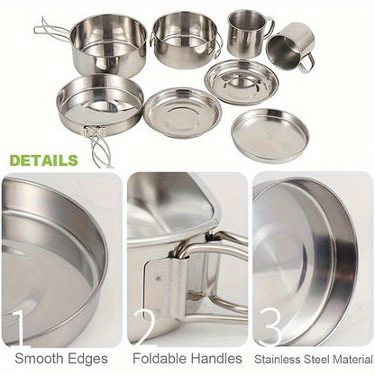 Stainless Steel Camping Cookware Set 8 Piece with Pots Pans Plates Cups and Handles - Lightweight Outdoor Cooking Kit for Camping Hiking Backpacking Open Fire Camp Kitchen Gear