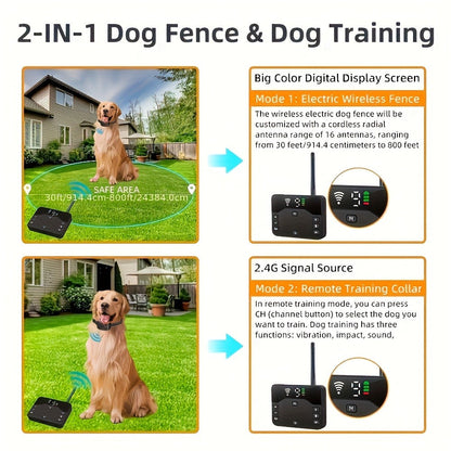 Wireless Dog Fence System with Remote Training Collar - 2.4GHz 800ft Range, 9-Level Adjustable, Containment System for Small Medium Large Dogs, 1/2/3 Dogs