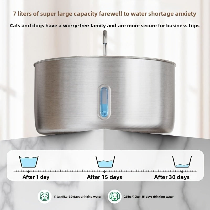 Large Stainless Steel Pet Water Fountain 236oz / 7L - Automatic Cat & Dog Water Dispenser, Multi-Stage Filtration, Visible Water Level Window, USB Powered, Replacement Filters Included, FT007