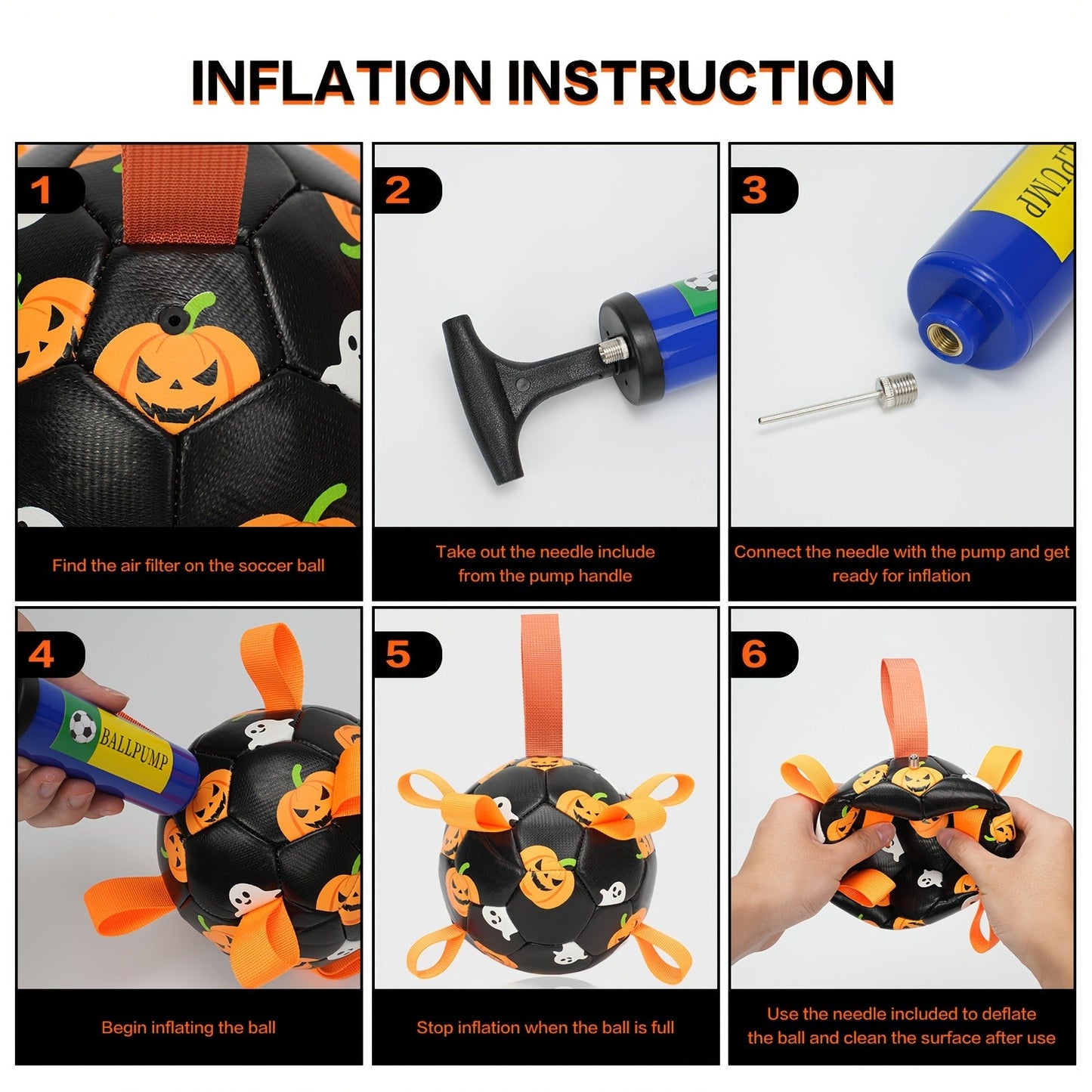 Halloween Dog Ball Toy with Pump - Football Shaped Chew Ball for Dogs, Pumpkin Ghost Design, Durable Rubber Fetch Toy for Small Medium Large Dogs, Festive Pet Gift with Strap, No Battery Required