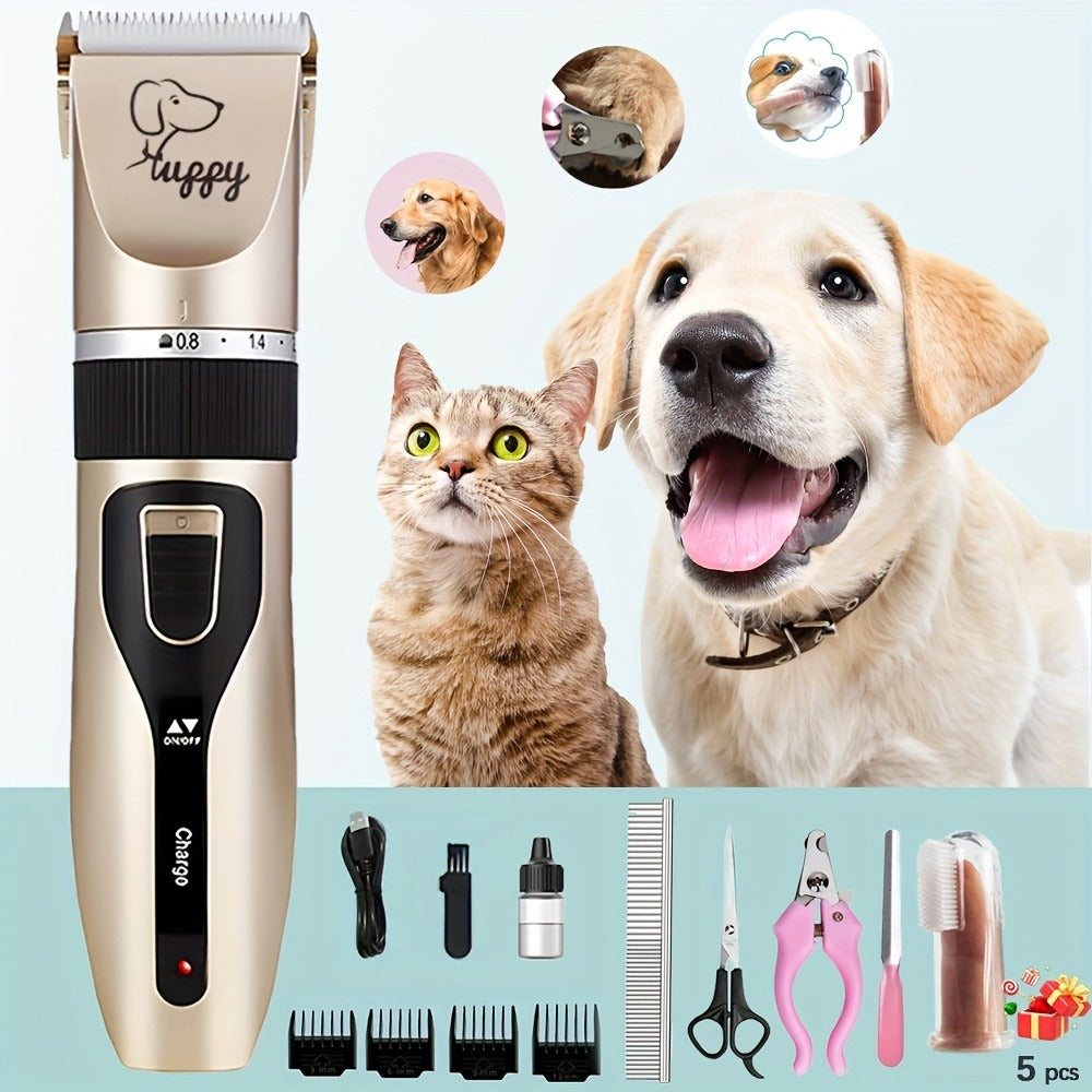 12-in-1 Pet Hair Trimmer Kit USB Rechargeable - Professional Cordless Electric Clippers for Dogs Cats Puppies Kittens, Adjustable Blade 5 Guide Combs Nail Clipper Scissors, Silent Home Grooming Set