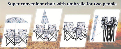 Folding Fishing Chair with Sun Umbrella – 2-Seat Portable Outdoor Chair, Iron Alloy Frame & Oxford Fabric, Built-In Storage Bag & Carry Bag, for Beach, Patio, Camping & Sunbathing, 4 Colors