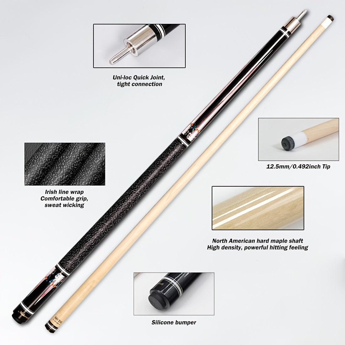 2-Piece Pool Cue 58 Inch – Grade A Canadian Maple, 12.5mm Low Deflection Shaft, Multi-Layer Leather Tip, Irish Linen Wrap – Professional Billiard Stick for Players