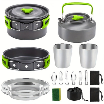 Camping Cookware Set for 2-3 People, Portable Aluminum Outdoor Cooking Kit with Pot, Frying Pan, Kettle & Cutlery, Lightweight Foldable Camp Kitchen Gear for Hiking, Backpacking & Travel