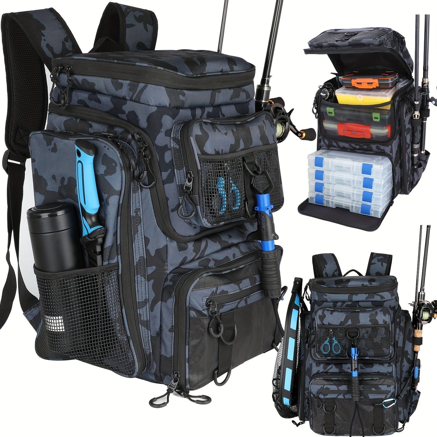 Waterproof Fishing Rod Backpack 42L – Built-In Rod Tube, 16 Pockets & Insulated Cooler Option | Black, Camo, Khaki, Gray