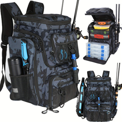 Waterproof Fishing Rod Backpack 42L – Built-In Rod Tube, 16 Pockets & Insulated Cooler Option | Black, Camo, Khaki, Gray