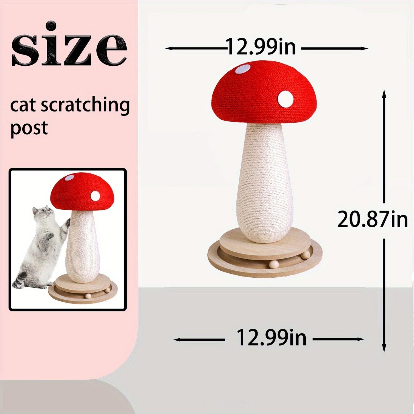 Cat Scratching Post Mushroom Sisal Board with Spinning Ball Track Interactive Toy for Cats and Kittens Stable Non-Slip Base Large