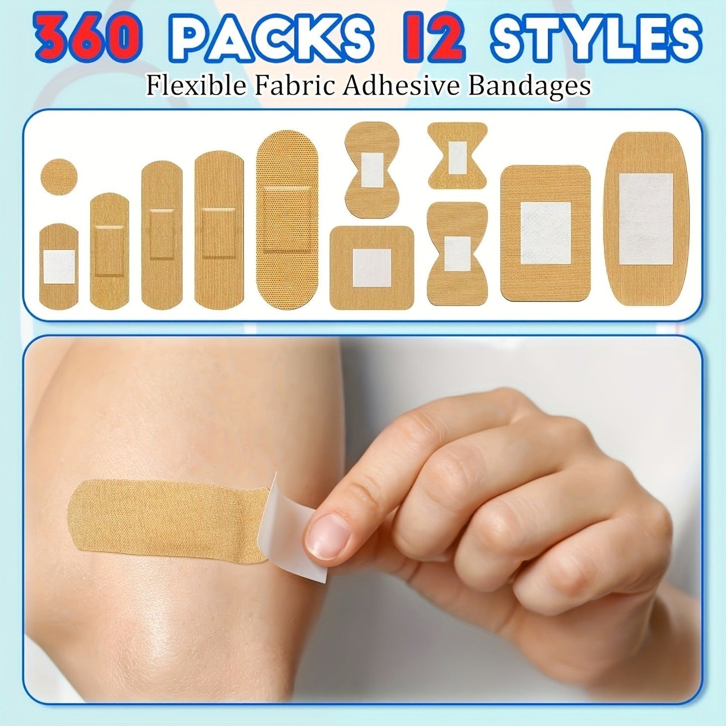 Adhesive Bandages 360pcs Assorted Flexible Fabric – Breathable PE Elastic Cloth Strips for Fingertip & Knuckle Wound Care, First Aid Bandage Set in 8 or 12 Styles