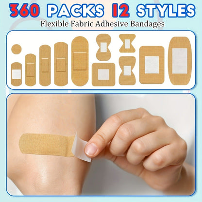 Adhesive Bandages 360pcs Assorted Flexible Fabric – Breathable PE Elastic Cloth Strips for Fingertip & Knuckle Wound Care, First Aid Bandage Set in 8 or 12 Styles