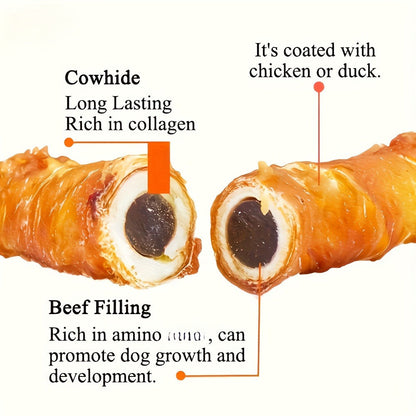 Dog Chew Treats Chicken & Duck Wrapped Cowhide Sticks – High Protein Beef Skin Stuffed Snacks, Long-Lasting, Easy to Digest, Training Reward for Dogs, 5.29oz (Chicken or Duck Flavor)