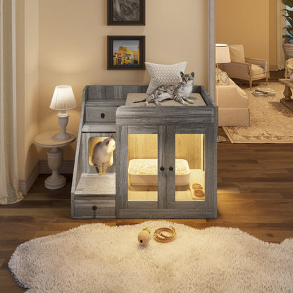 Cat Litter Box Enclosure Furniture Hidden Cabinet with LED Light & 2 Drawers – MDF Indoor Cat House Side Table with Acrylic Door, Stair Steps & 110 lb Capacity, Gray White Black
