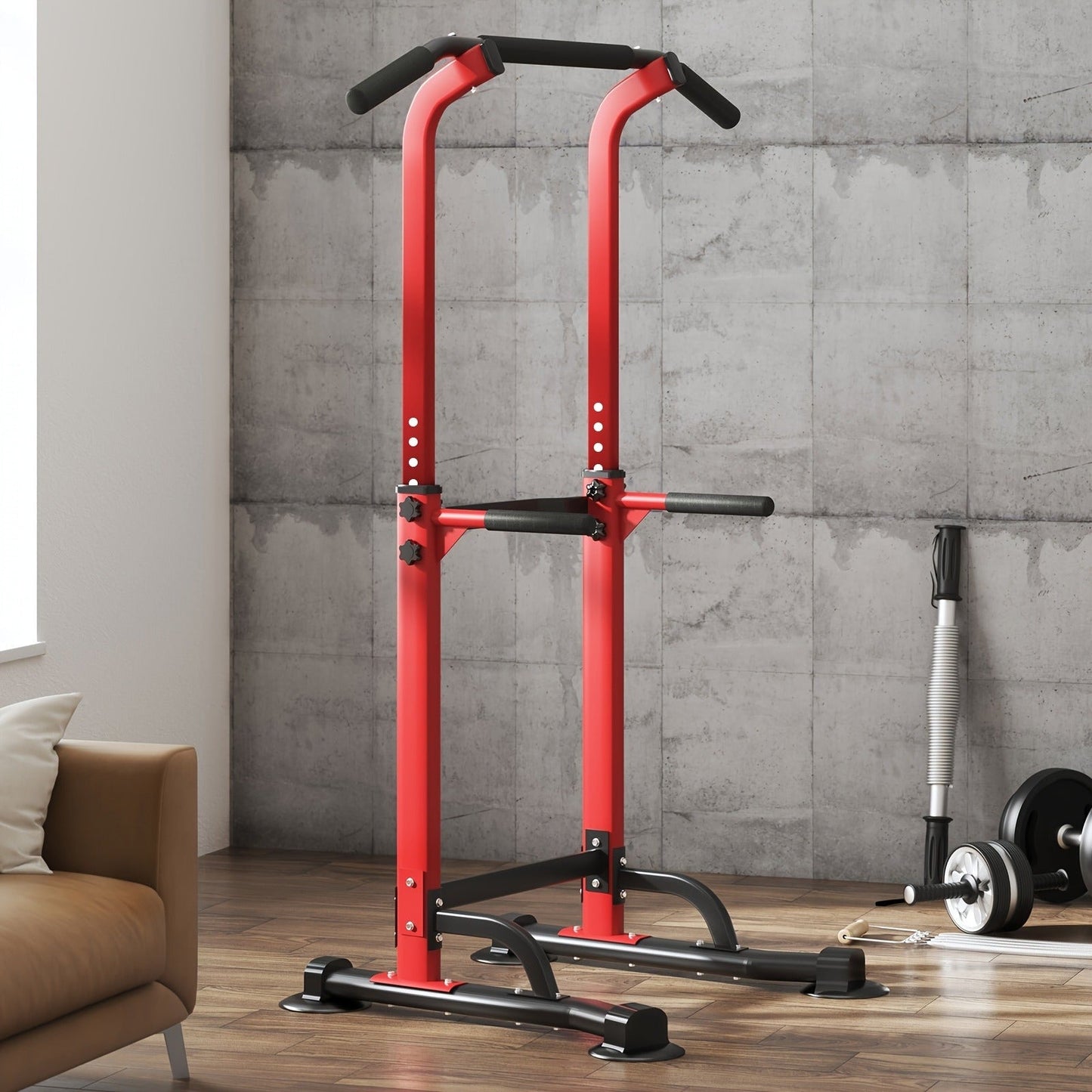 Power Tower Dip Station Pull Up Bar for Home Gym – 330lb Capacity, 10 Height Levels 65"-83", 6 Exercise Positions, H-Base with Suction Cups – Full Body Strength Training Equipment