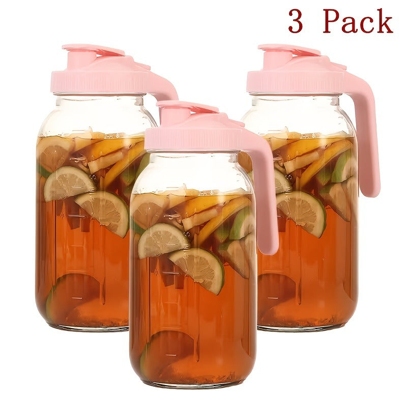 64oz Glass Pitcher with Handle – Leak-Proof Wide Mouth Mason Jar Water Jug, Pour Spout Lid, 2 Quart Portable Canteen for Camping, BBQ, Fridge & Outdoor Entertaining (2-Pack / 3-Pack)