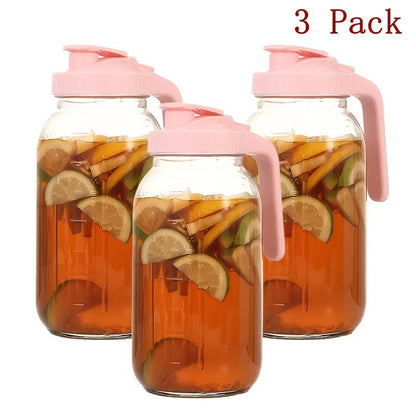 64oz Glass Pitcher with Handle – Leak-Proof Wide Mouth Mason Jar Water Jug, Pour Spout Lid, 2 Quart Portable Canteen for Camping, BBQ, Fridge & Outdoor Entertaining (2-Pack / 3-Pack)