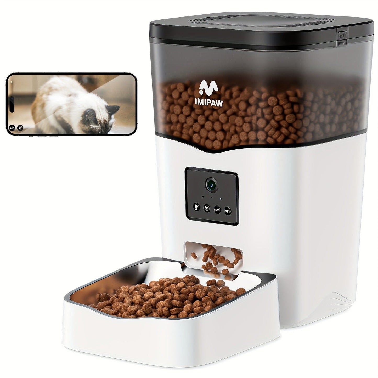 Smart WiFi Automatic Pet Feeder 101oz - App Control, Up to 10 Meals Per Day, HD Camera Option with 2.4G & 5G, Voice Assistant Compatible, USB Powered, Remote Monitoring for Cats & Dogs, IMIPAW