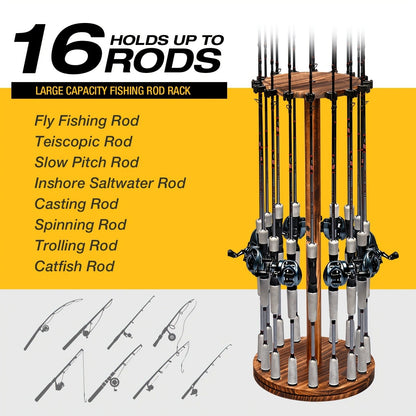 Fishing Rod Rack Holds 16 Rods - Circular Wooden Pole Holder with 360° Rotating Base Option - Space-Saving Wall-Free Fishing Rod Organizer for Garage, Basement & Home Storage