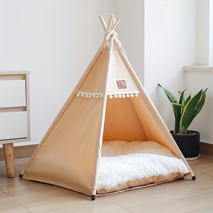 Pet Teepee Bed with Cushion – Linen Fabric Cat & Dog Tent, Dome-Shaped All-Season Indoor Outdoor House, Padded & Sturdy Frame for Small to Medium Pets, Easy Clean (Small or Large, White or Creamy-White)