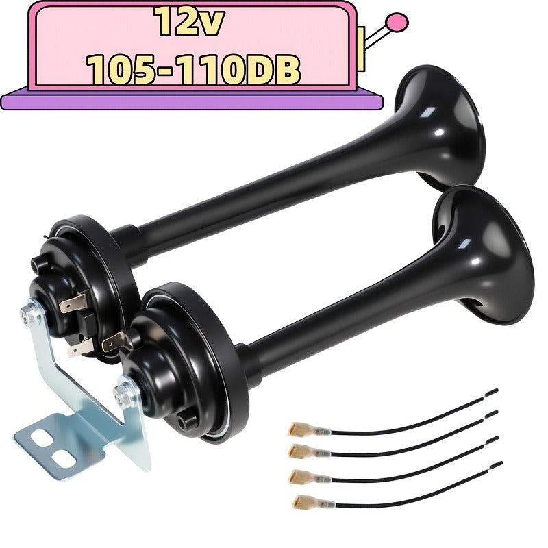 Dual Air Horn Kit 12V/24V 105-137dB with Air Compressor - Super Loud Aluminum Alloy Trumpet Horn for Truck, Train, SUV, Motorcycle, Car & Boat, Universal Electric Horn Easy Install