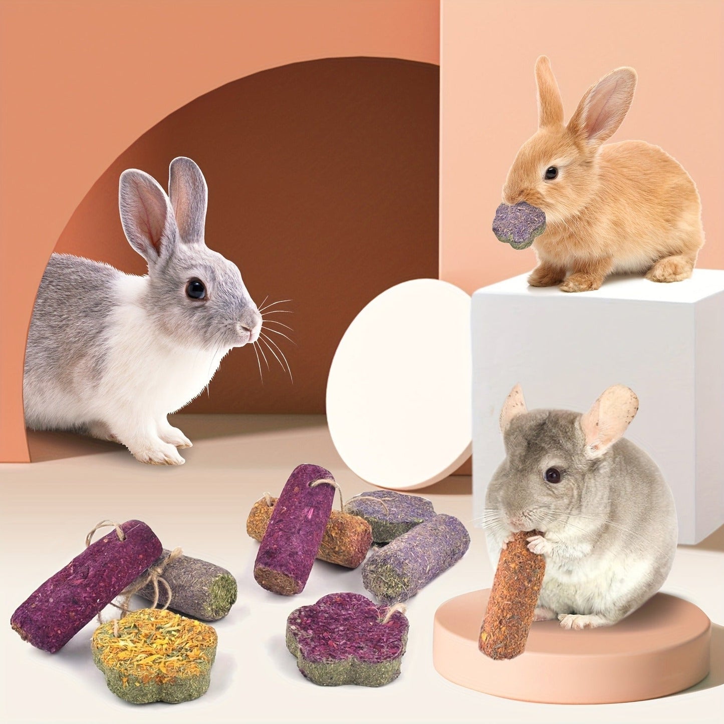 Rabbit Chew Sticks 24 PCS - Timothy Hay Molar Snack Toy with Carrot & Strawberry Flavors for Bunnies, Chinchillas, Guinea Pigs, Hamsters & Small Pets, Hanging Chew Cakes Included